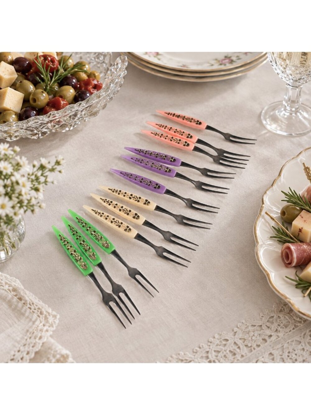 Vintage 12 Cocktail Hors D'oeuvres Forks Multicolor Stainless Steel MCM Japan